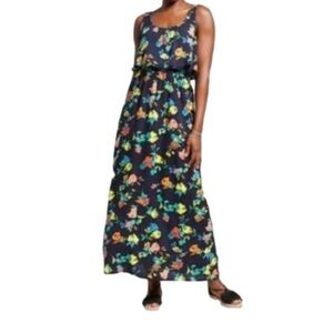 Tiered Floral Navy Maxi Dress Size Large Spring Summer Preppy Empire Waist